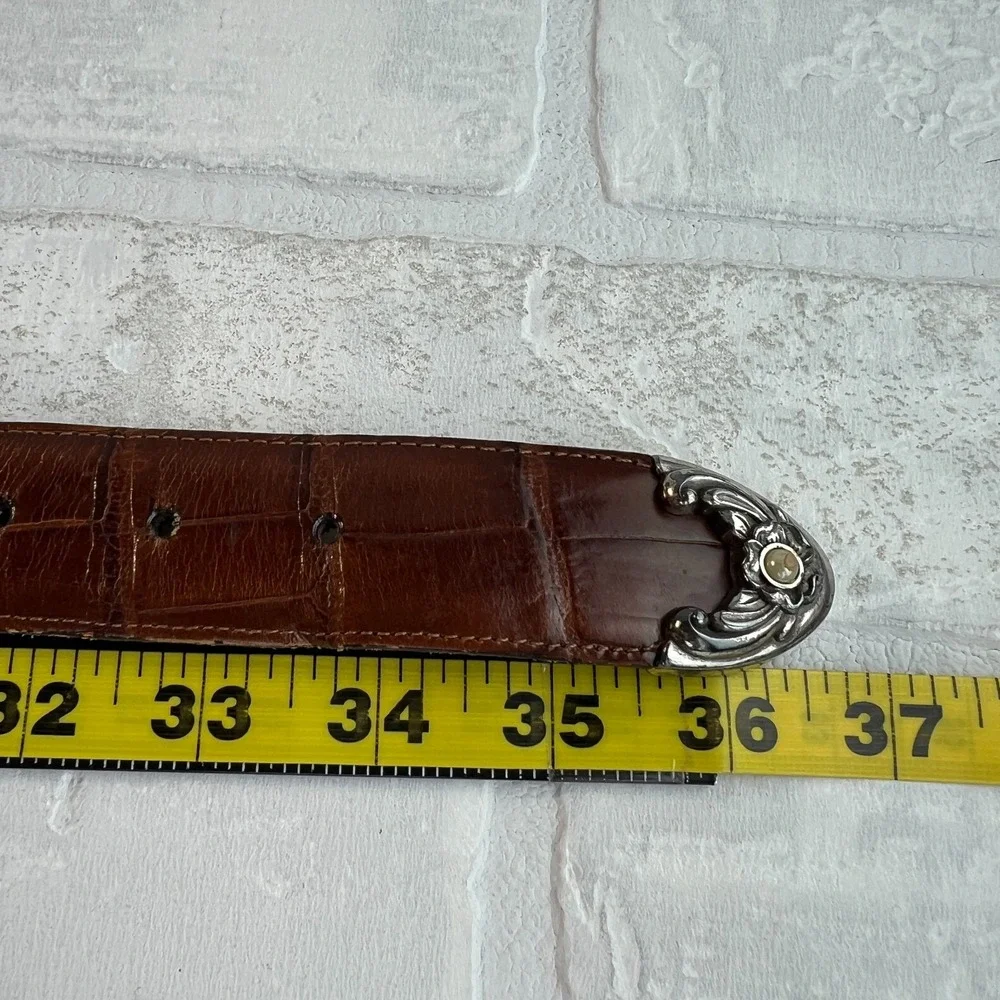 Brighton Belt Womens Medium Brown Croc Embossed Ornate Silver Buckle Pearls 1996